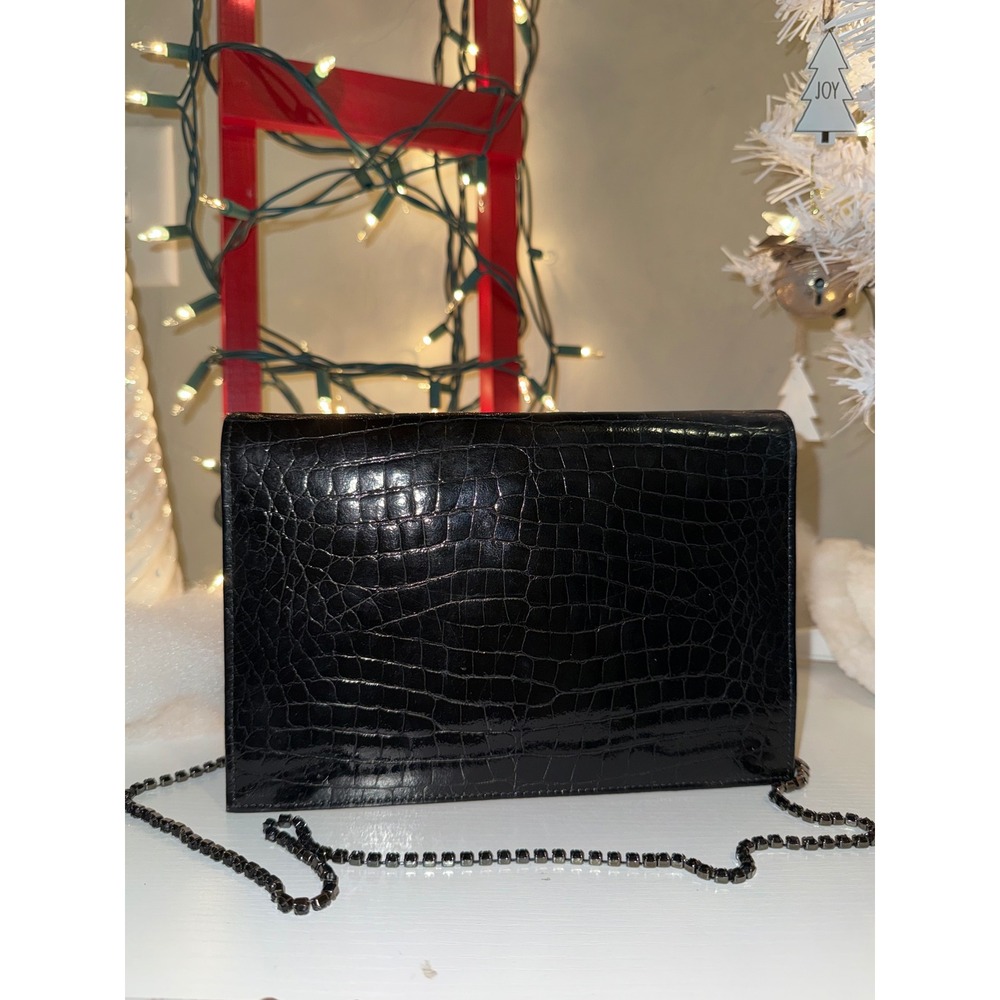 Anne Klein Black Embossed Leather Chain Shoulder Bag Evening Clutch